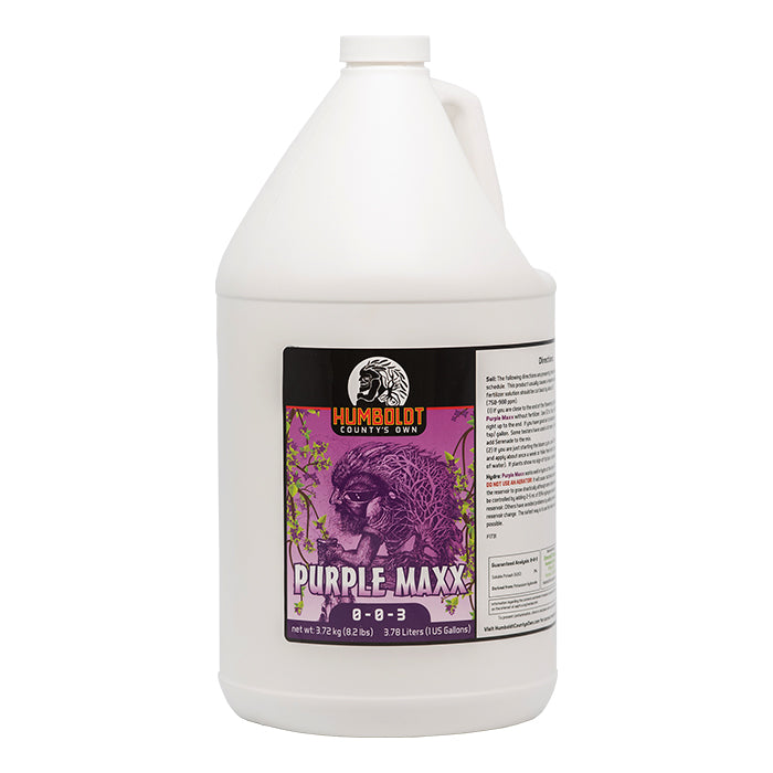 Humboldt County's Own Purple Maxx 0-0-3 fertilizer, 1-gallon jug, purple label with graphic.