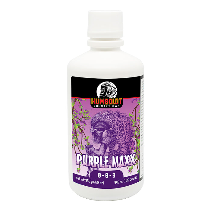 Humboldt County's Own Purple Maxx fertilizer bottle with a tribal design and purple accents.