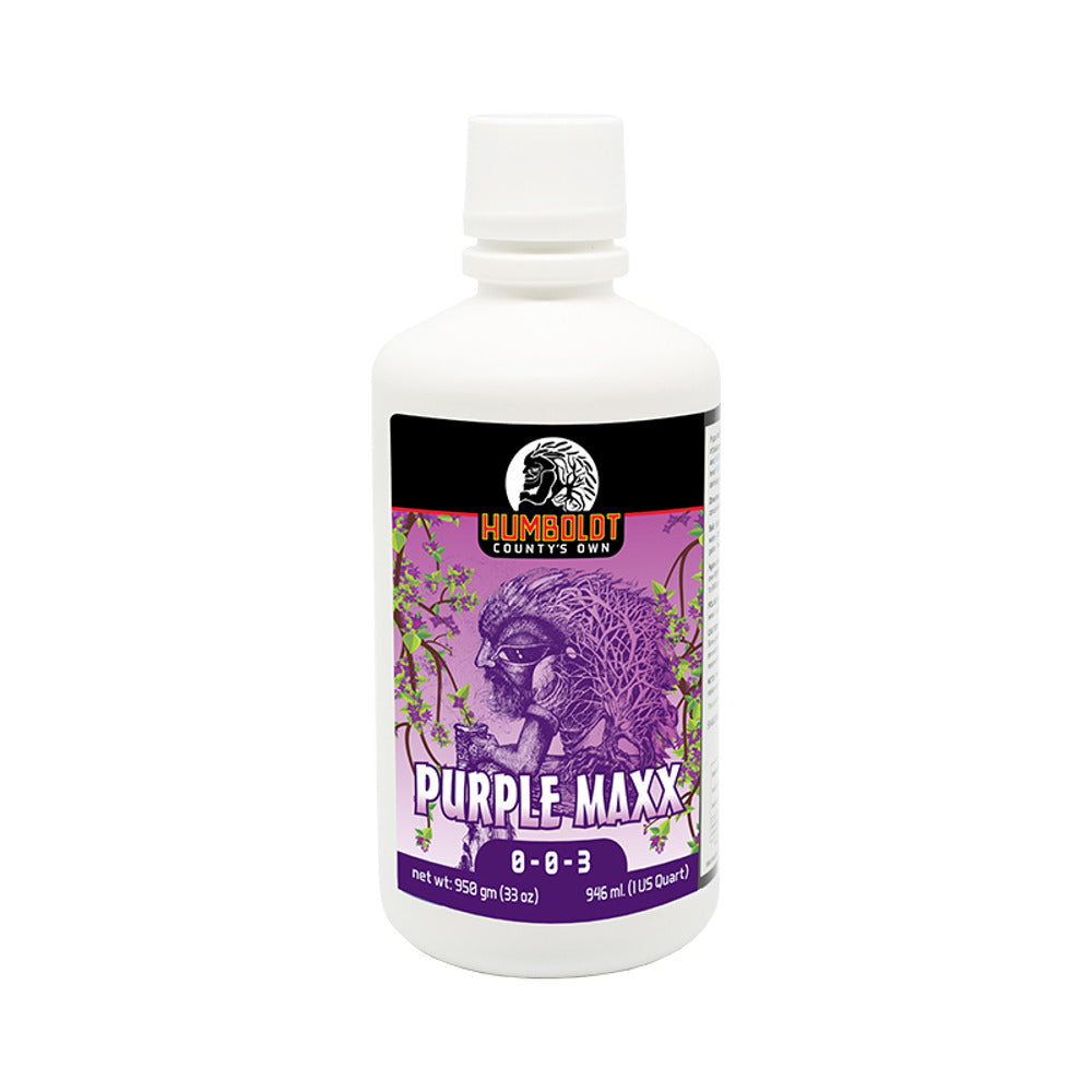 Humboldt County's Own Purple Maxx fertilizer bottle with a tribal design and purple accents.