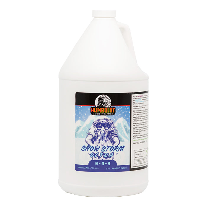 Humboldt County's Own Snow Storm Ultra fertilizer gallon jug, 0-0-3 NPK.