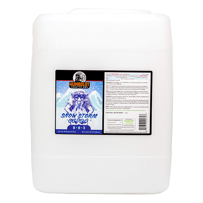 White 5-gallon jug of Humboldt County's Own Snow Storm Ultra 0-8-3 liquid plant nutrient.