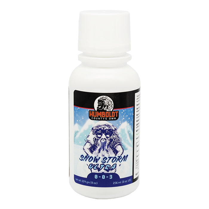 Humboldt County's Own Snow Storm Ultra 8oz fertilizer bottle with mountain and face graphic.