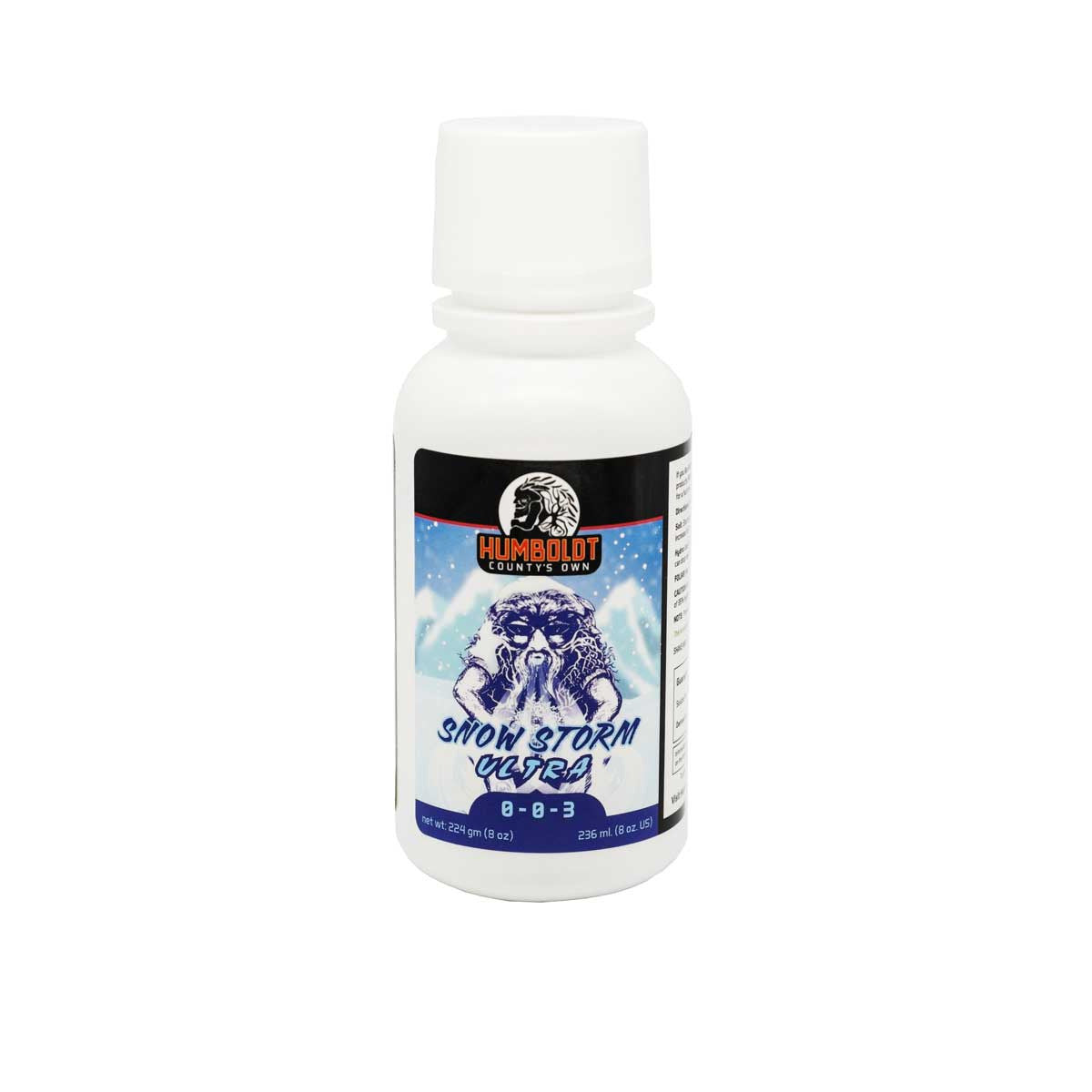 Humboldt County's Own Snow Storm Ultra 8oz fertilizer bottle with mountain and face graphic.