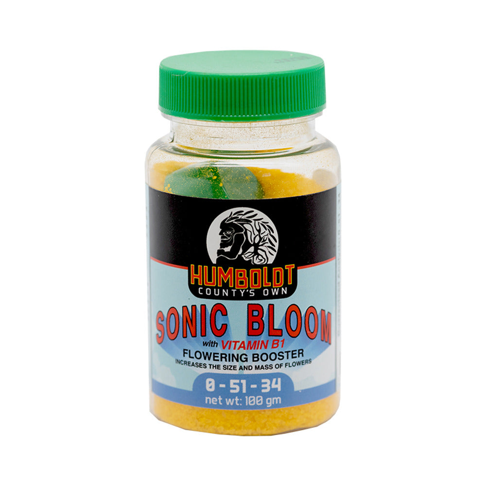 Humbolt County's Own Sonic Bloom flowering booster bottle with yellow powder and green cap.