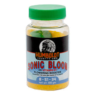 Humbolt County's Own Sonic Bloom flowering booster bottle with yellow powder and green cap.