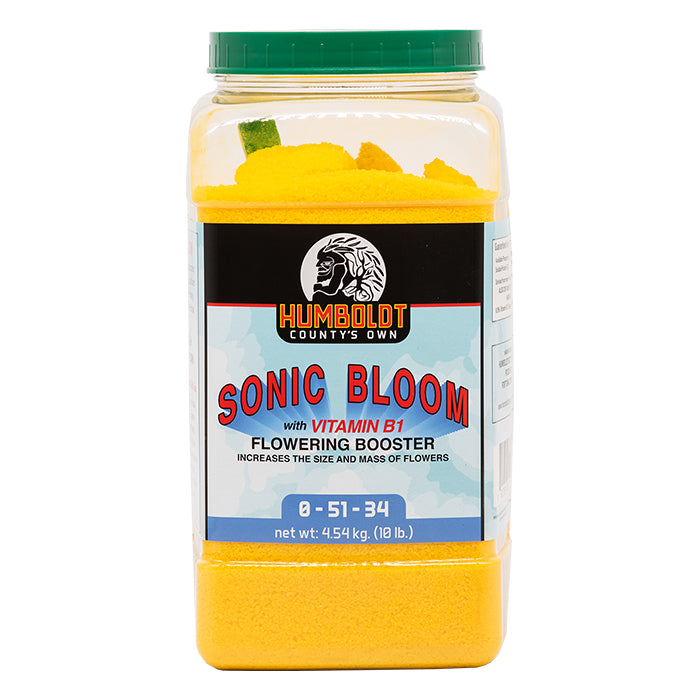 Humboldt County's Own Sonic Bloom 10lb flowering booster with Vitamin B1, yellow powder.