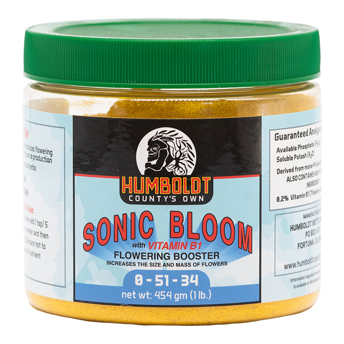 Humboldt County's Own Sonic Bloom flowering booster powder in a 1lb jar with green lid.
