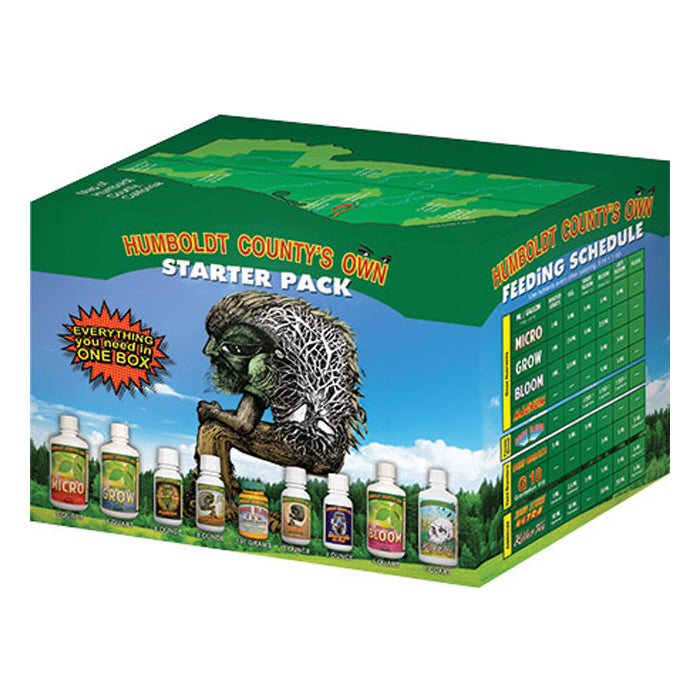 Humboldt County's Own Starter Pack box featuring bottles, a mystical figure, and a feeding schedule.