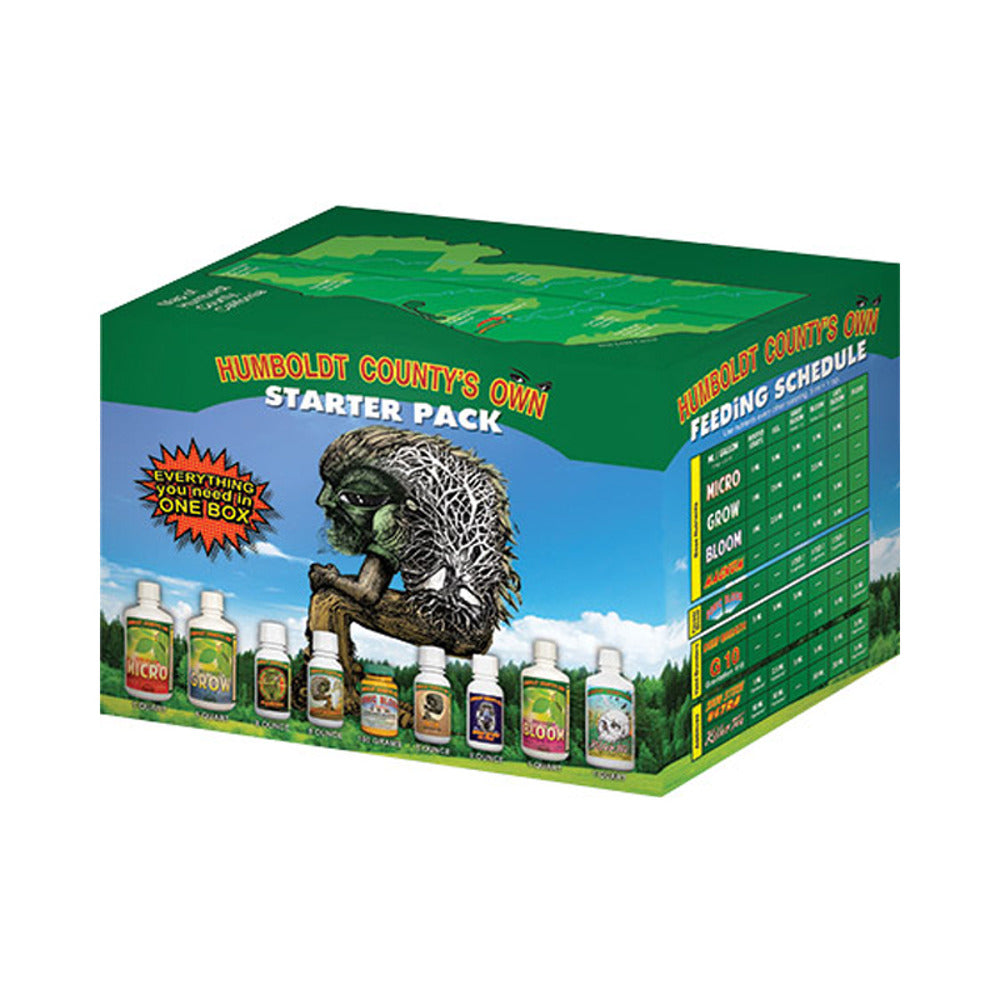 Humboldt County's Own Starter Pack box featuring bottles, a mystical figure, and a feeding schedule.