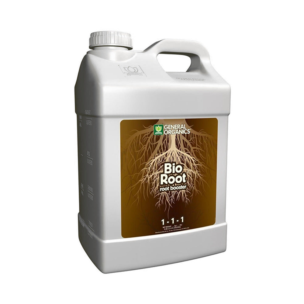 General Organics Bio Root root booster fertilizer gallon jug with prominent root graphic.