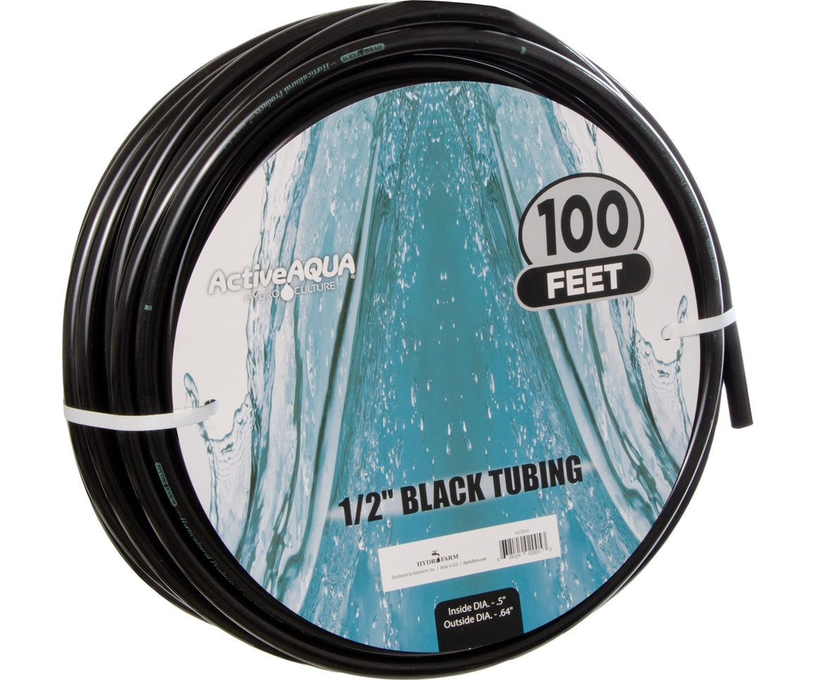 Black 1/2" tubing coil, 100 ft, ActiveAqua Hydroculture, with water splash graphic.