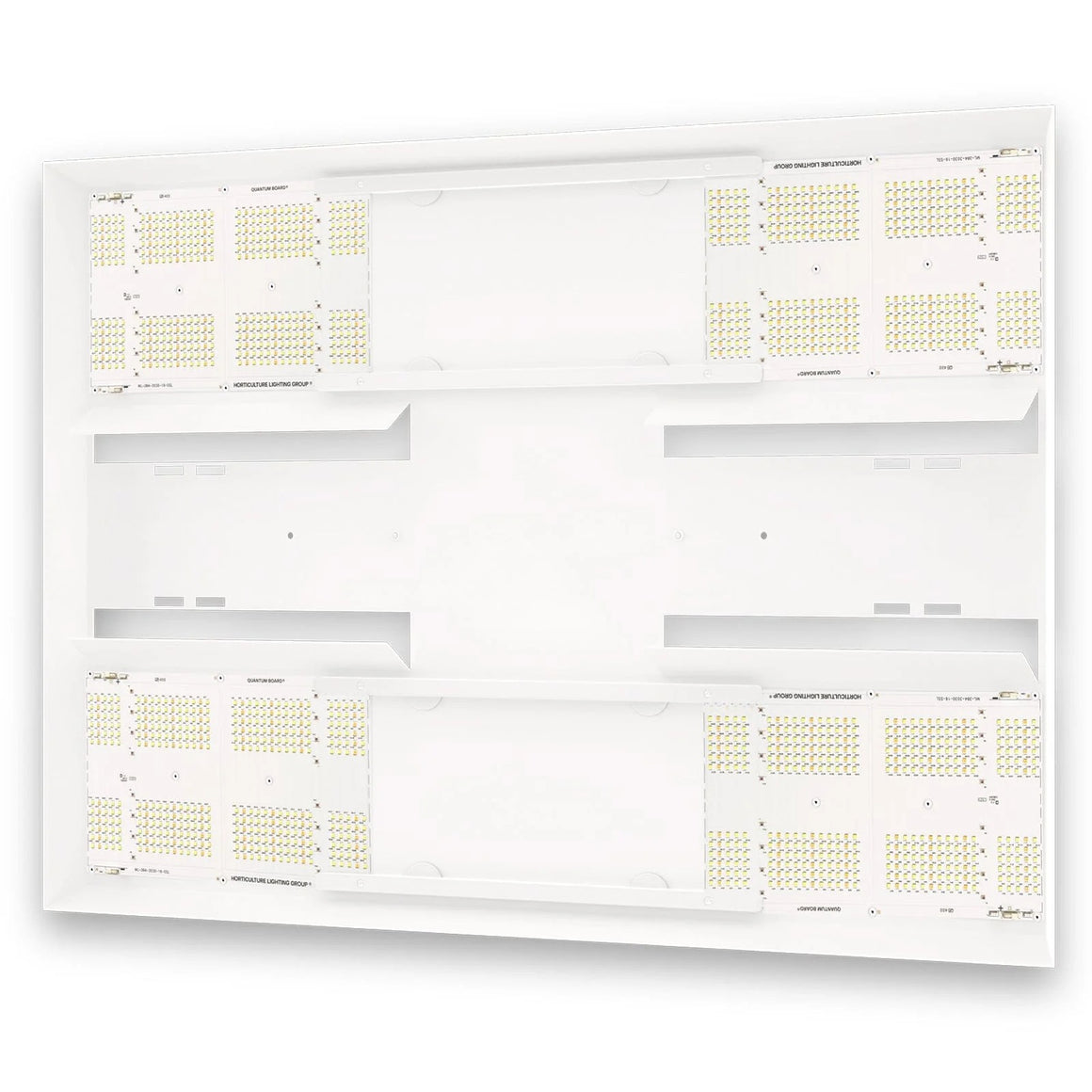 White Quantum Board grow light with multiple LED panels, "Horticulture Lighting Group" branding.
