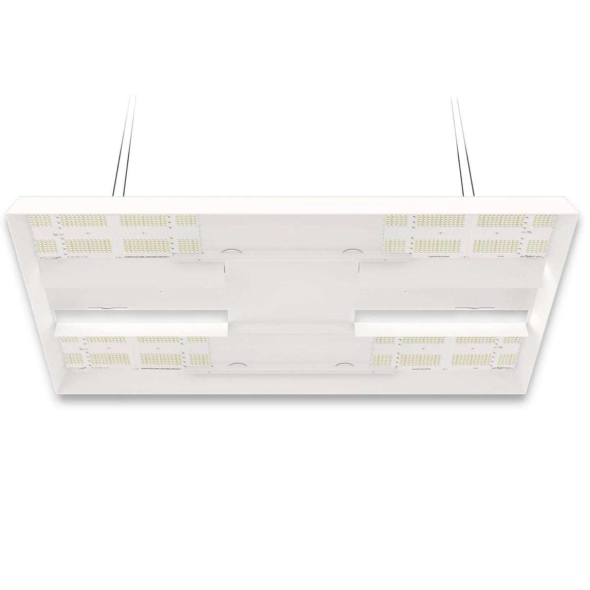 White LED grow light fixture with 8 quantum boards, hanging from ceiling.