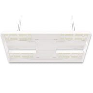 White LED grow light fixture with 8 quantum boards, hanging from ceiling.