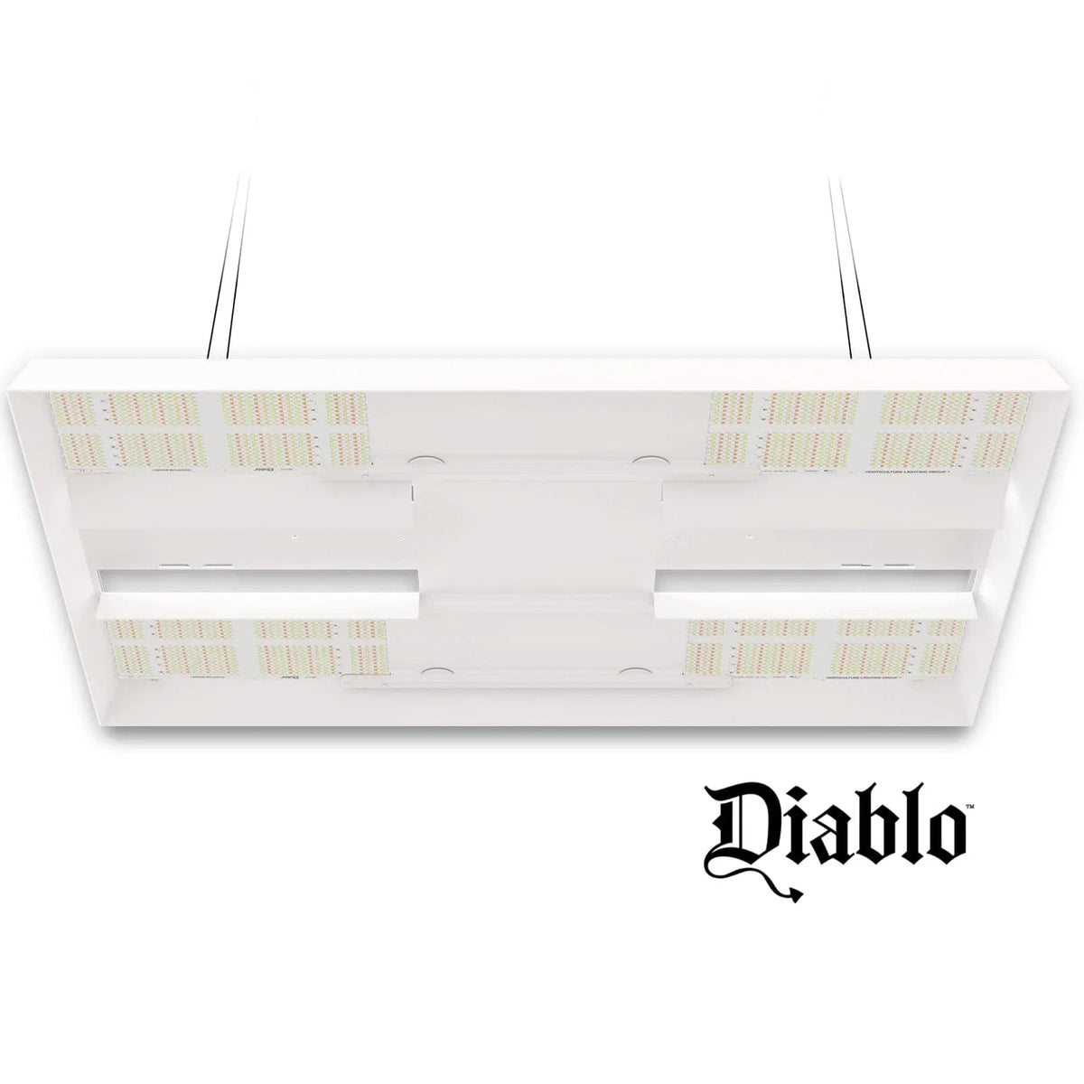 White HLG 750 ES Diablo LED grow light, suspended, showing many red and white diodes and the Diablo logo.