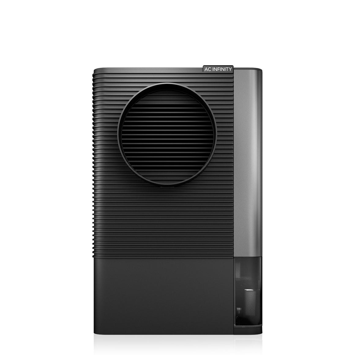 AC Infinity HYDRONE 5 dehumidifier with circular grille & transparent water tank.