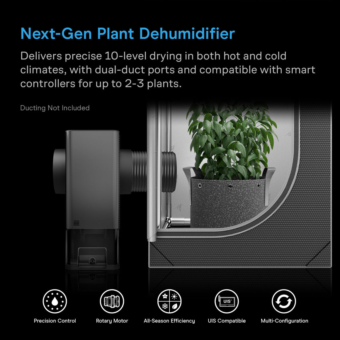 Next-Gen Plant Dehumidifier with dual-duct ports and plant pot.