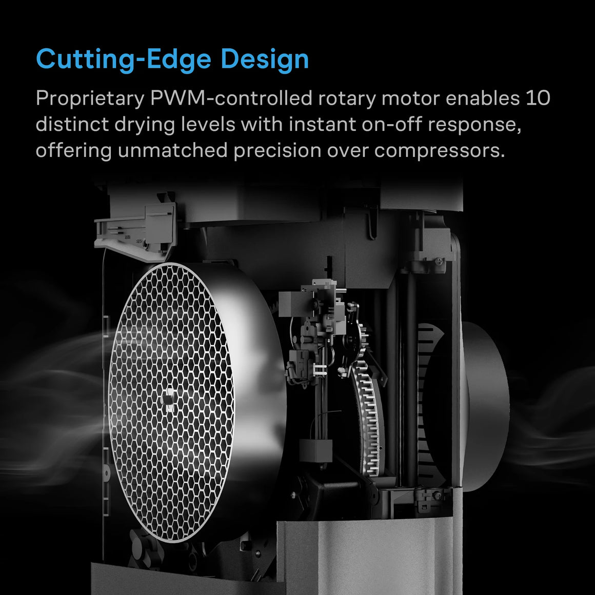 Close-up of a modern dehumidifier's internal mechanism, featuring a honeycomb grill fan and advanced motor.