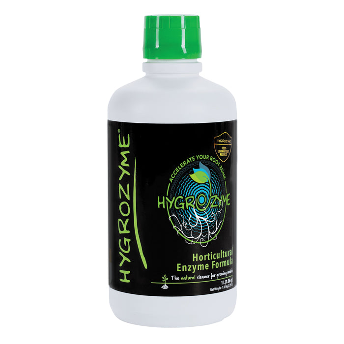 Hygrozyme horticultural enzyme formula bottle with green cap and black label, 1L.