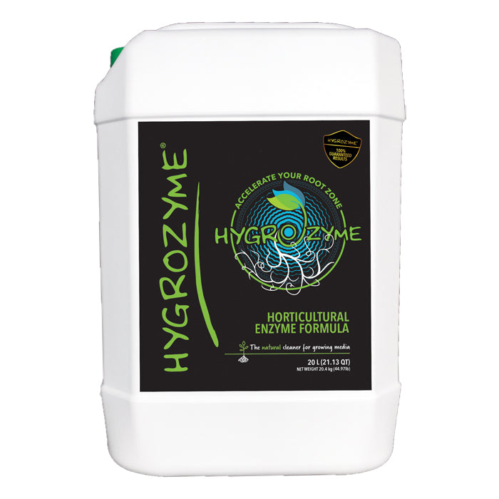 Hygrozyme horticultural enzyme formula 20L jug. Accelerates root zone growth with a natural cleaner for growing media.