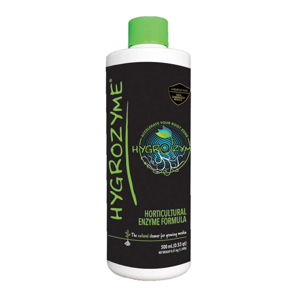 Hygrozyme horticultural enzyme formula bottle with green cap. 500mL.