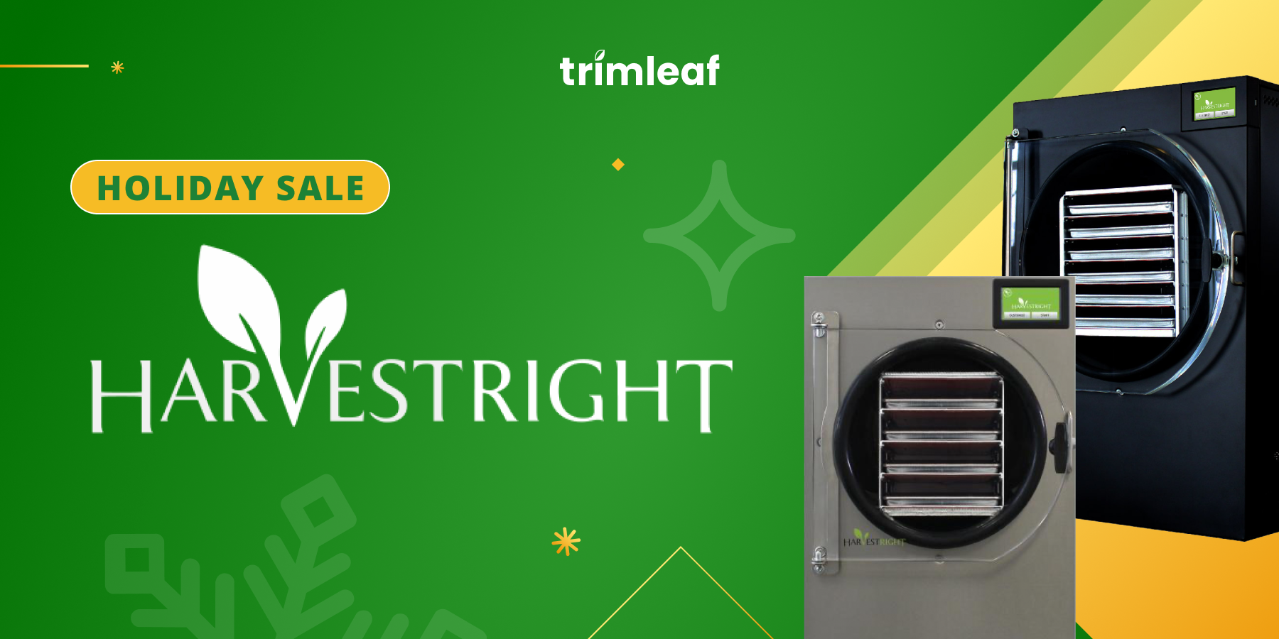 HarvestRight freeze dryers featured in a holiday sale graphic with green and yellow accents.