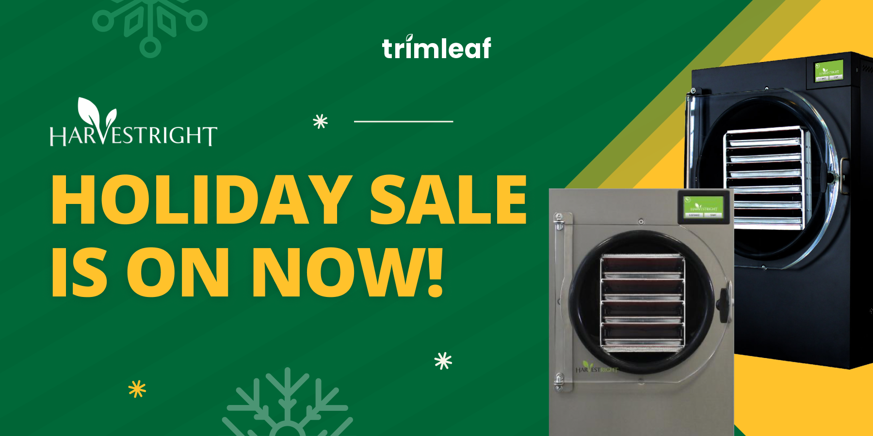HarvestRight and trimleaf Holiday Sale banner with black and stainless steel freeze dryers on a green background.