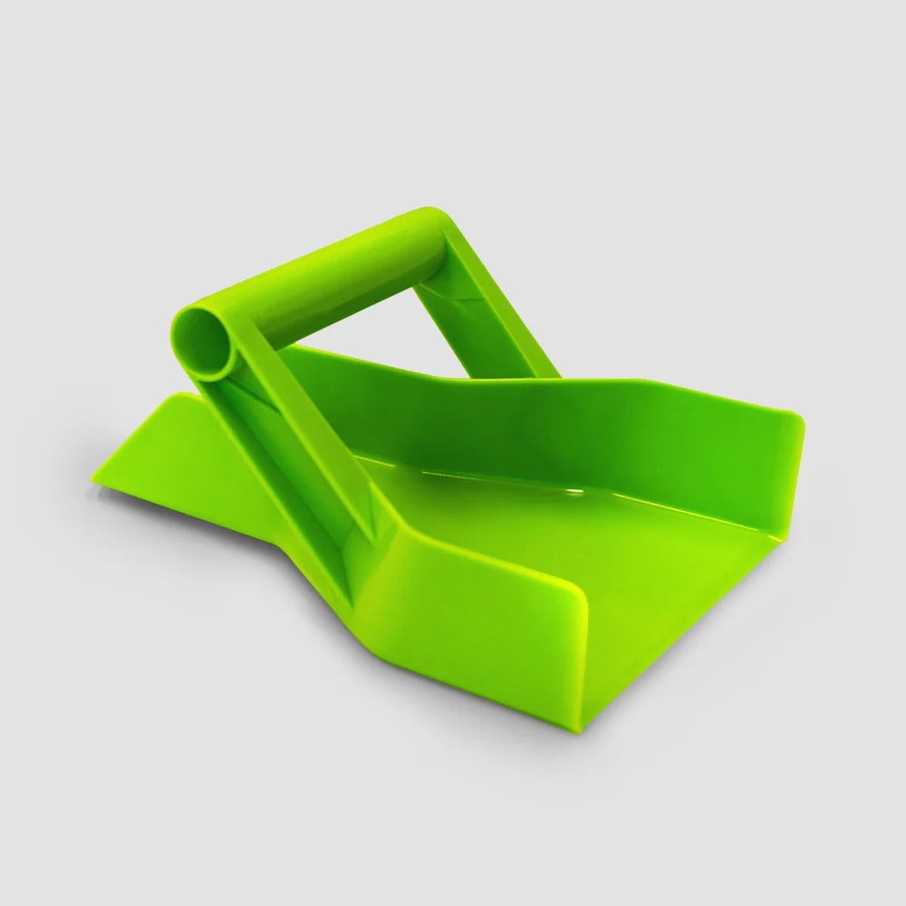 Bright green plastic tray scoop with handle, for food harvesting.