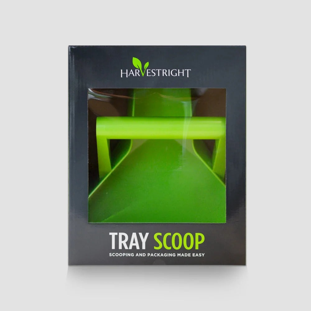 HarvestRight Tray Scoop: Green scoop with handle, packaged for easy scooping and packaging.
