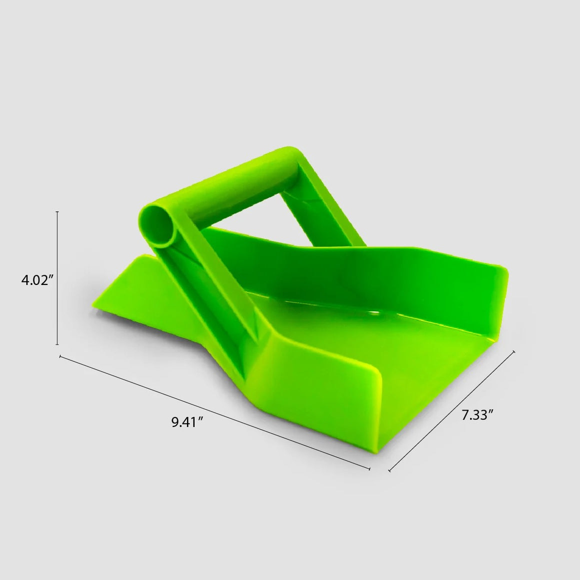 Green plastic scoop with dimensions labeled: 9.41" L x 7.33" W x 4.02" H.