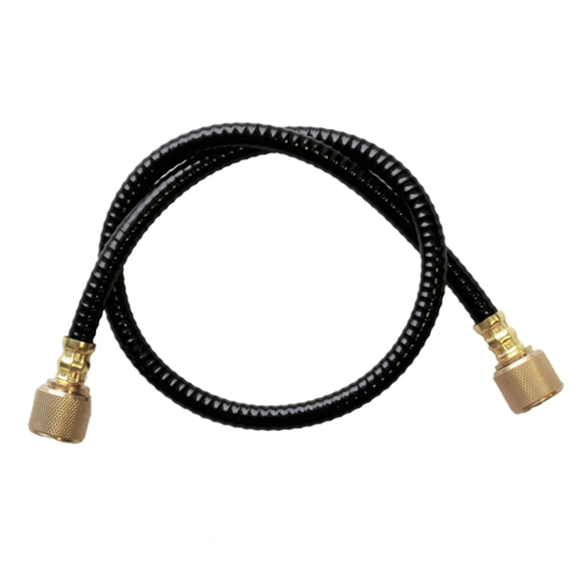 Black vacuum hose with brass fittings, coiled on a white background.