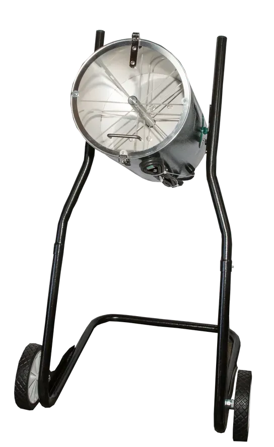 Stainless steel plant shredder with a tilting drum and wheels on a black stand.