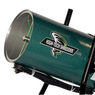 Green High-Tech Shredder machine with logo and visible blades inside.