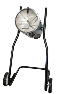 Stainless steel plant shredder with a tilting drum and wheels on a black stand.
