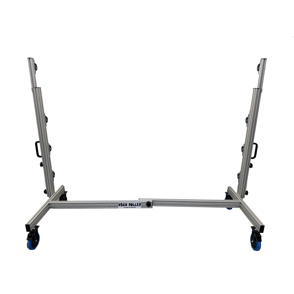 High Roller Cannabis Trellis Netting System with aluminum frame and blue wheels.