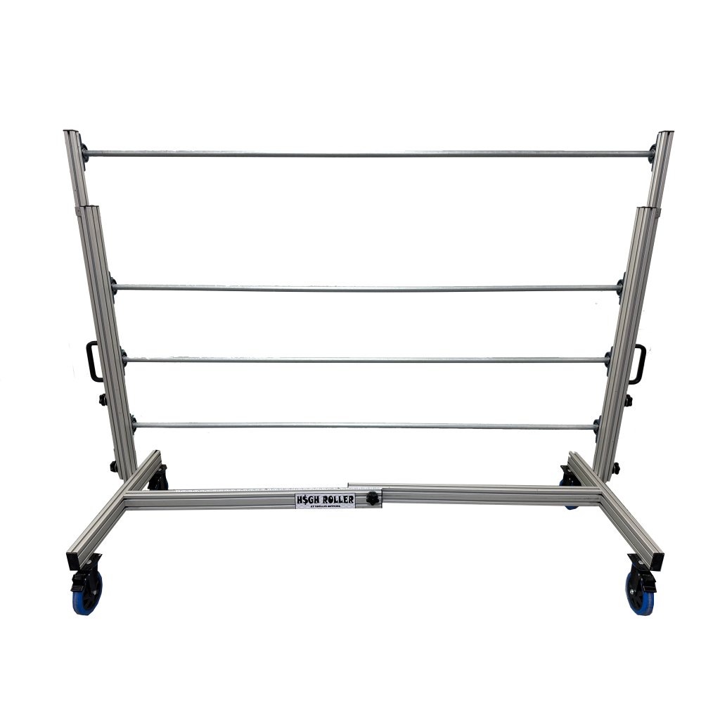 Silver cannabis trellis netting system with four horizontal bars and wheels, labeled "HSGH ROLLER."
