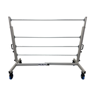 Silver cannabis trellis netting system with four horizontal bars and wheels, labeled 