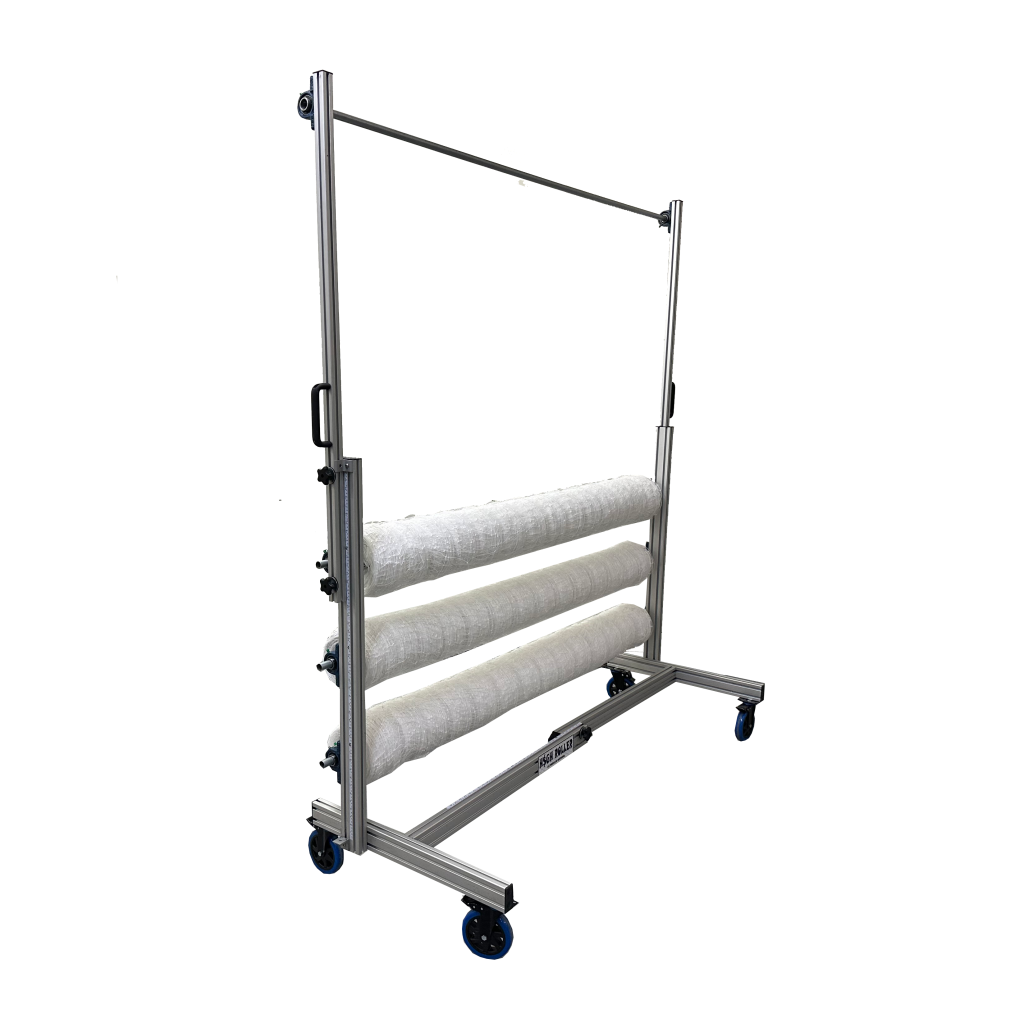 High Roller Cannabis Trellis Netting System with three rolls of netting on a mobile rack.