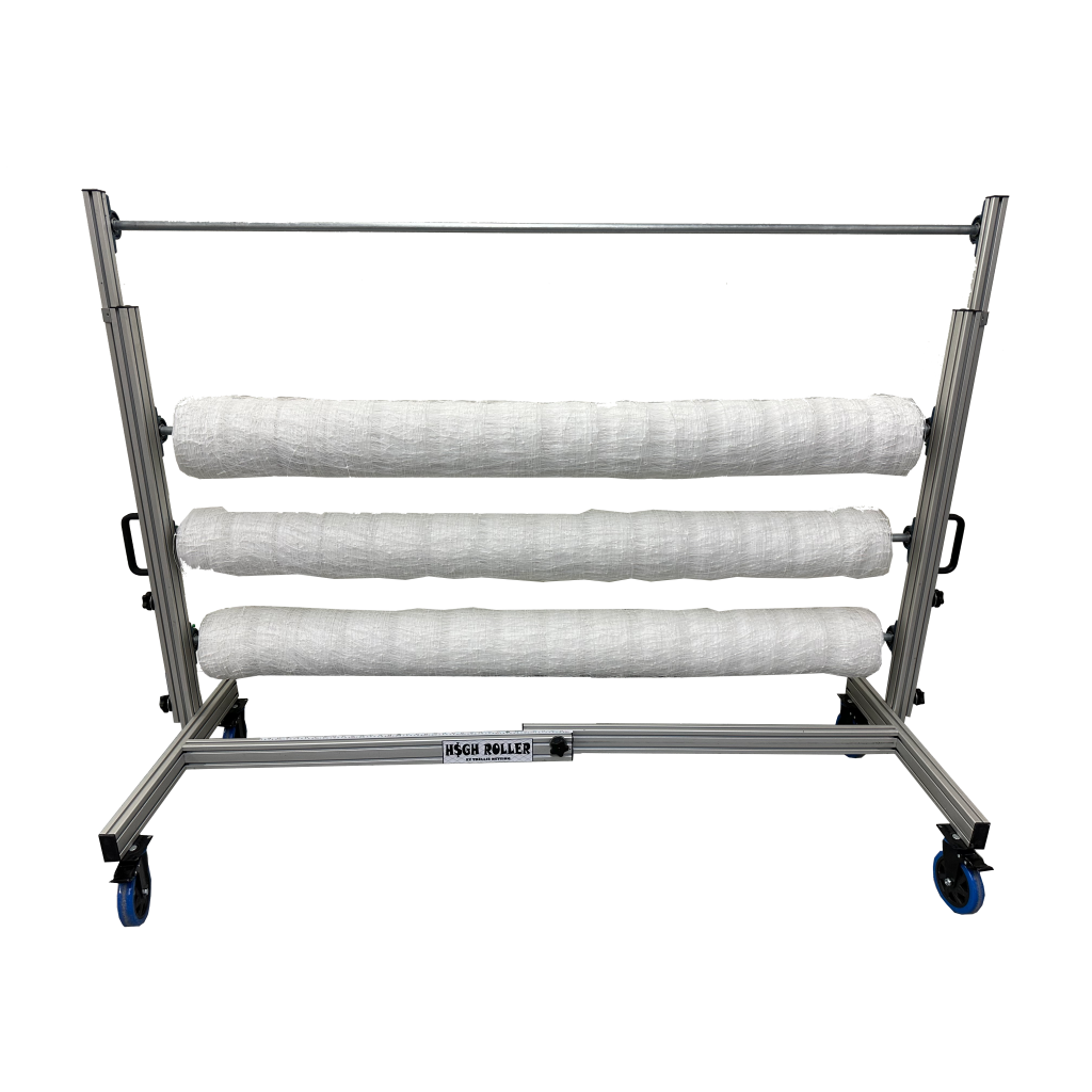 HSGH Roller cannabis trellis netting system with three rolls of white netting on a mobile cart.