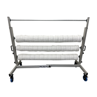 HSGH Roller cannabis trellis netting system with three rolls of white netting on a mobile cart.