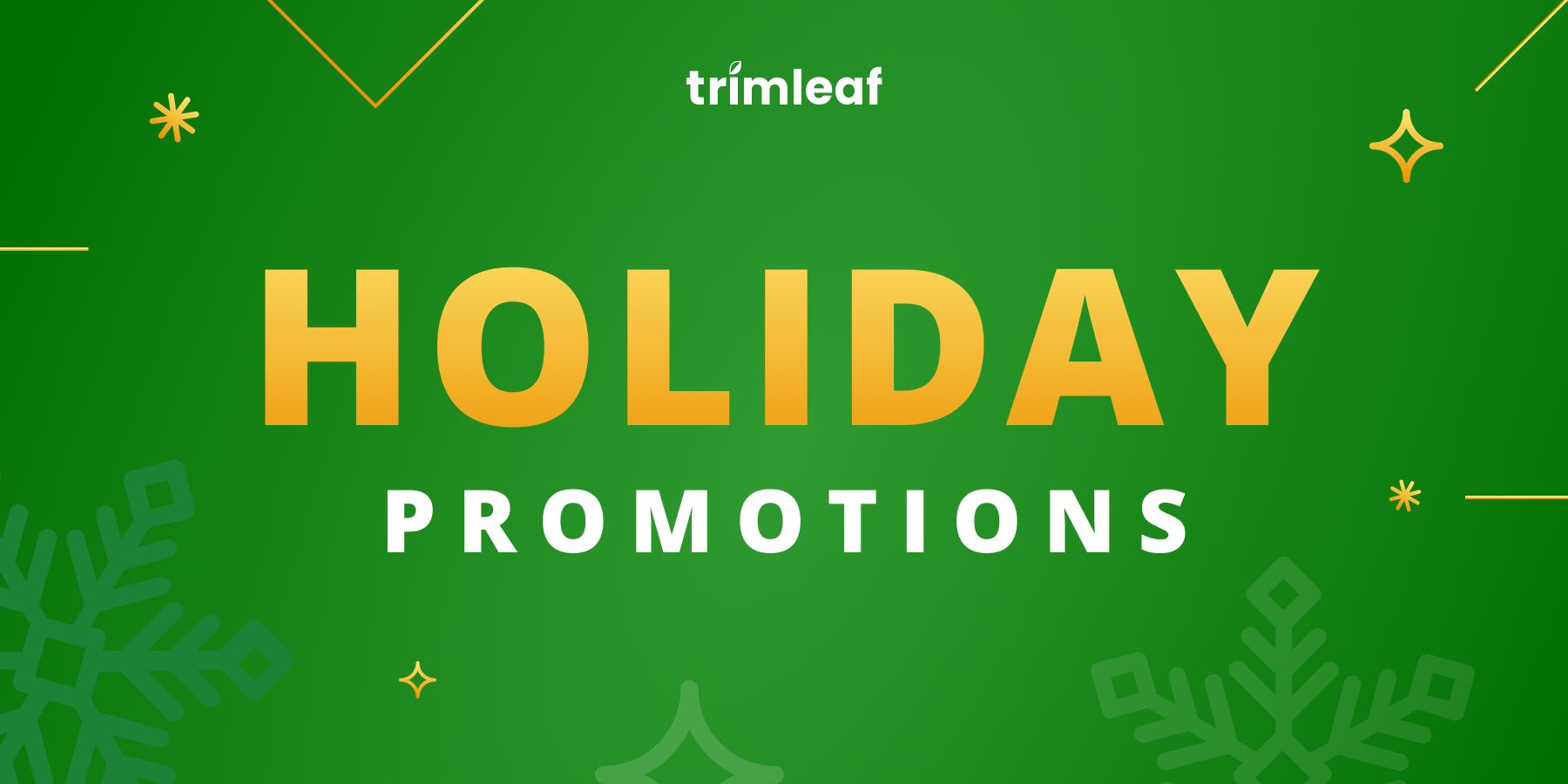 Green background with "HOLIDAY PROMOTIONS" in large text and a "trimleaf" logo.