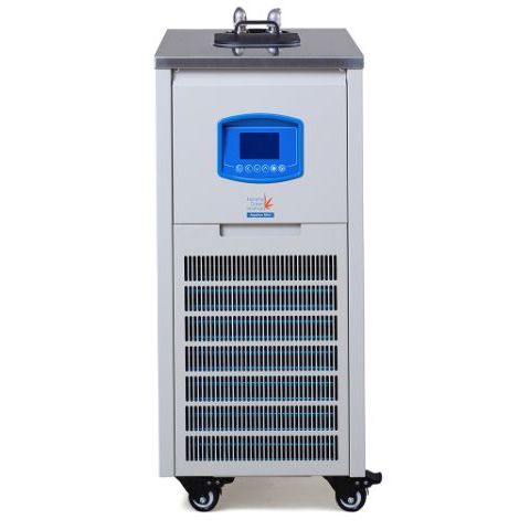 Light grey HollandGreenScience Aquilon mini chiller with blue control panel, large gridded vent, top handle, on wheels.