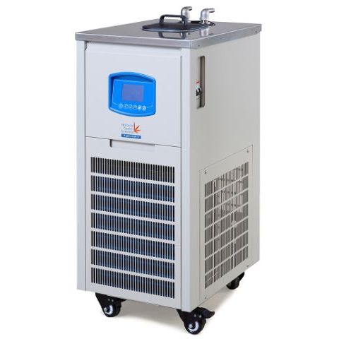 Holland Green Science Aquilon mini chiller on wheels with a blue control panel and stainless steel top.