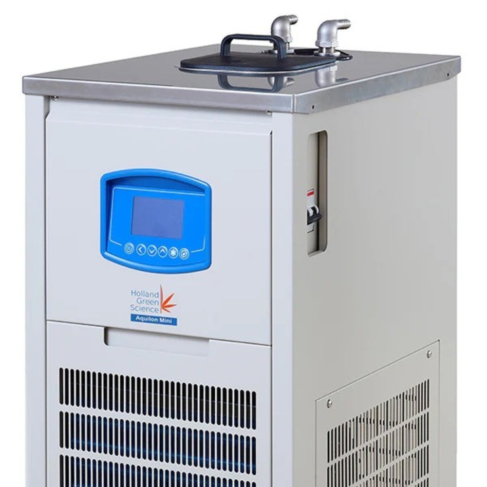 Holland Green Science Aquilon Mini chiller with blue digital display and stainless steel top.