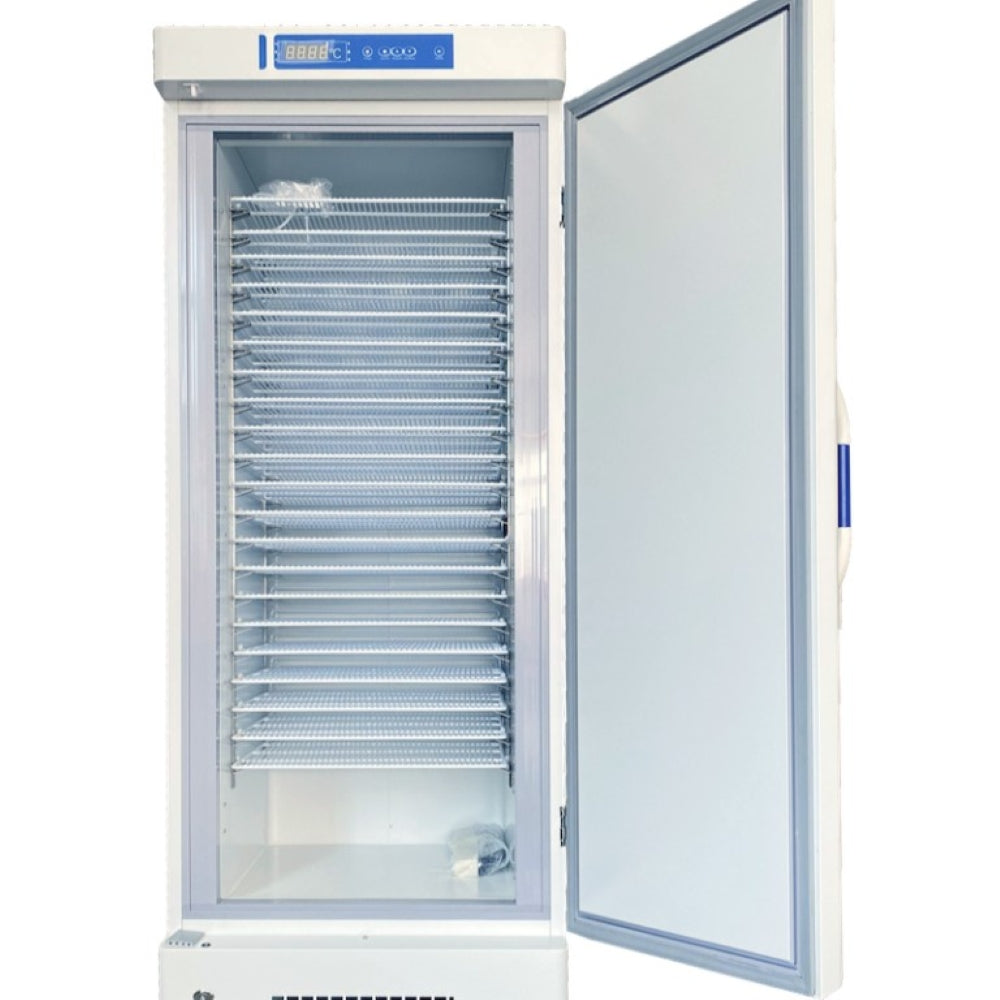 White upright freezer with open door, multiple wire shelves, and digital temperature display.