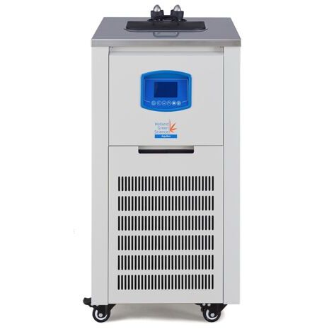 Holland Green Science Aquilon Midi Chiller: white lab chiller on wheels with blue display, metal top, and vents.