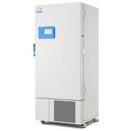 White upright Holland Green Science Preseva Pagoma laboratory freezer with blue digital display and bottom cooling vent.