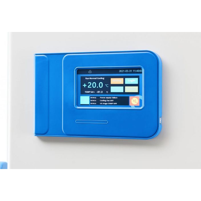 Holland Green Science Preseva Pagoma freezer's blue digital control panel showing +20.0°C, set -81.0°C, and alerts.