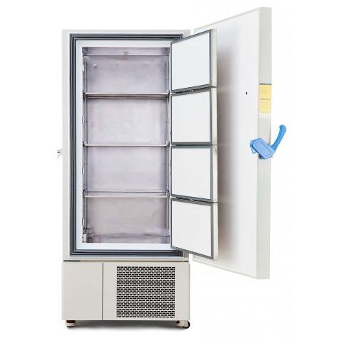 Open white ultra-low scientific freezer, interior revealing stainless steel shelves, four inner doors, and blue handle.