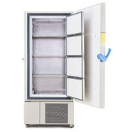 Open white ultra-low scientific freezer, interior revealing stainless steel shelves, four inner doors, and blue handle.